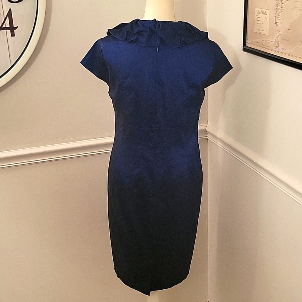 Navy Ruffled V-Neck Sheath Dress - Picture 6 of 6